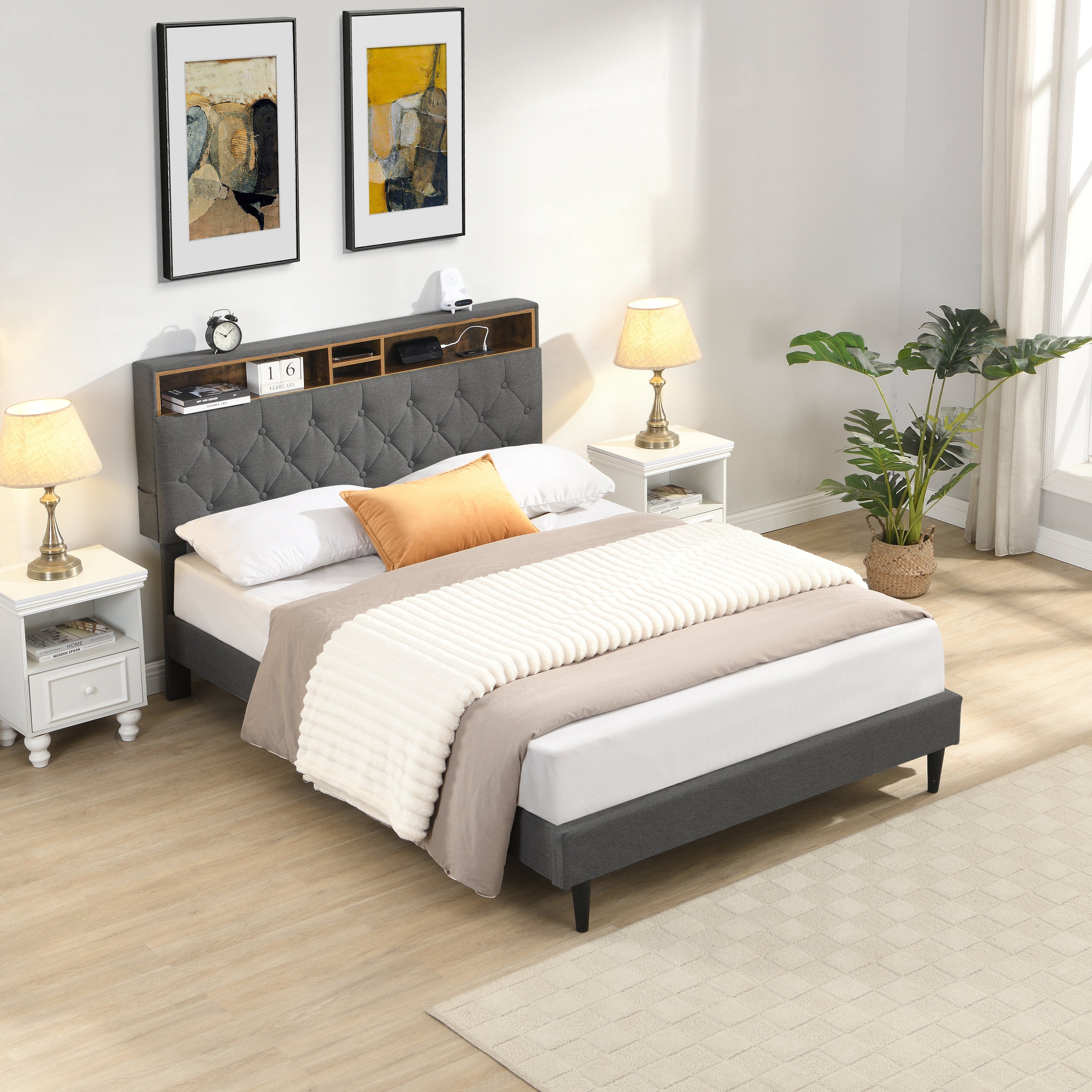 King-Size Upholstered Platform Bed Frame with Modern Button-Tufted