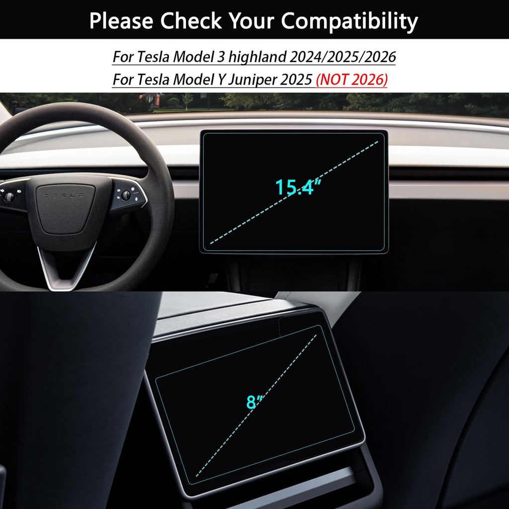Tesla Model Y Juniper 2025-2026 & Model 3 Highland 2024-2026+ Matte Screen Protector – 2-Pack 15.4” Front & Rear 9H+ Tempered Glass, 16” Front Screen Protector Only, Anti-Glare & Fingerprint Dashboard Display Cover