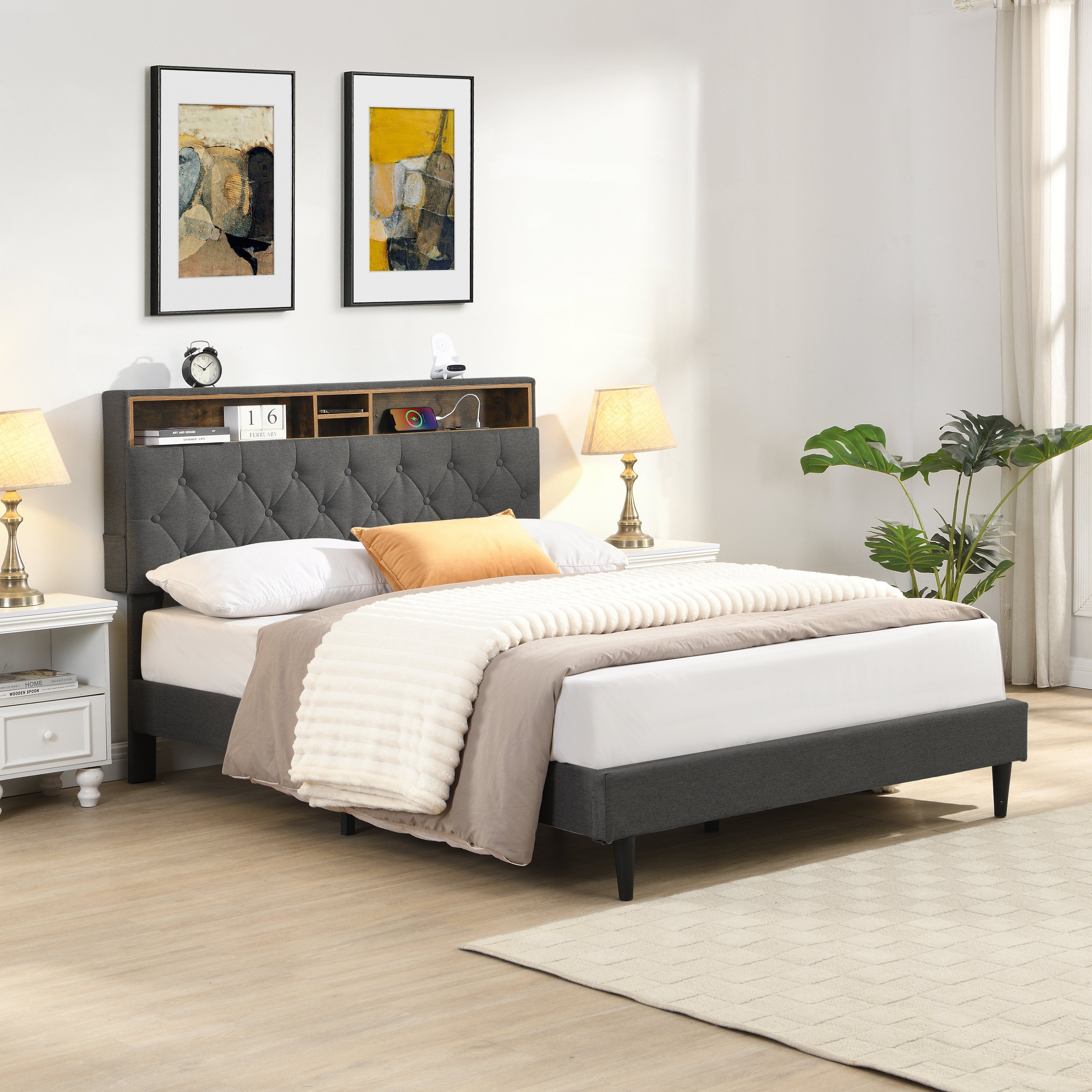 King-Size Upholstered Platform Bed Frame with Modern Button-Tufted
