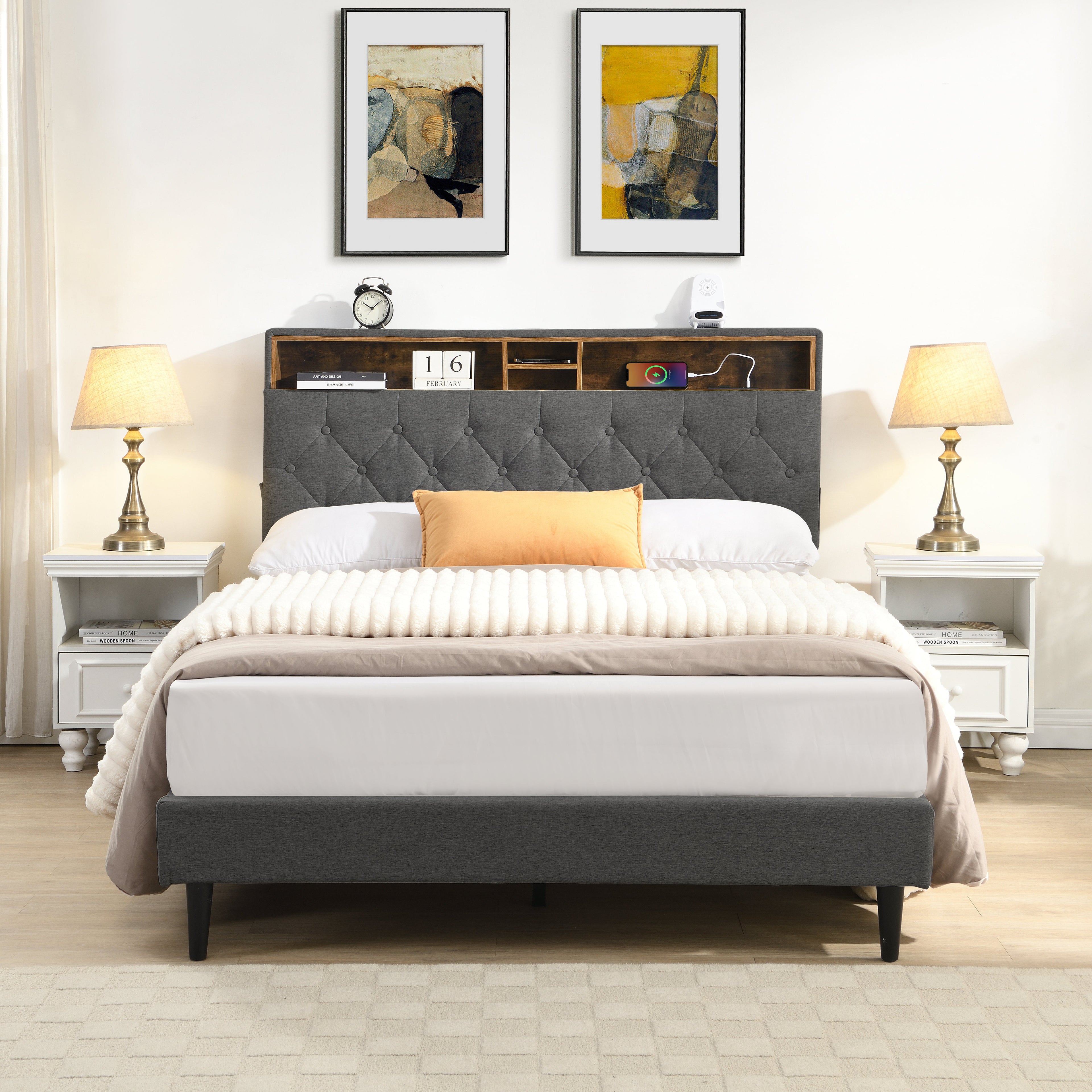 King-Size Upholstered Platform Bed Frame with Modern Button-Tufted