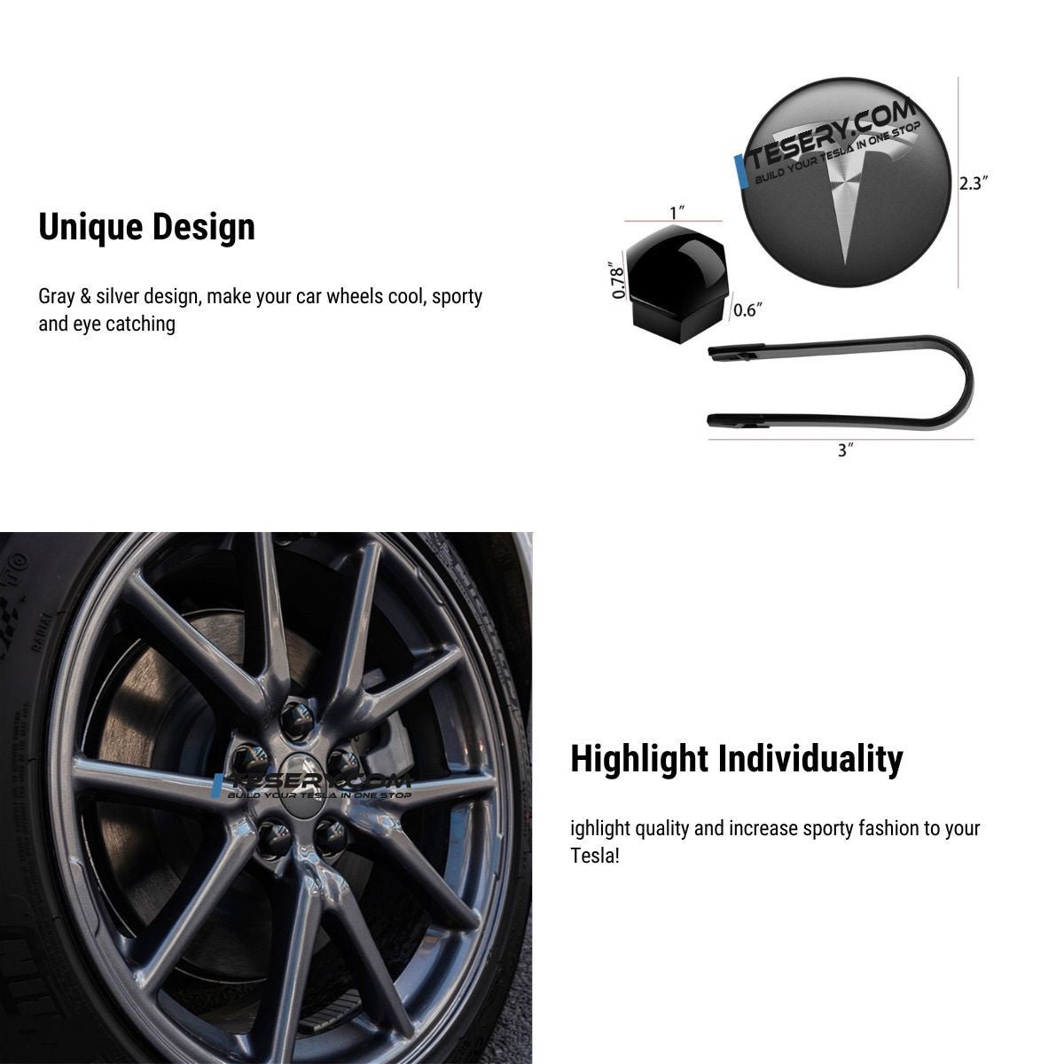 Wheel Center Cap Kit with Puller for Model 3/Y/S/X | 4 Hub Caps + 20 Lug Nut Covers