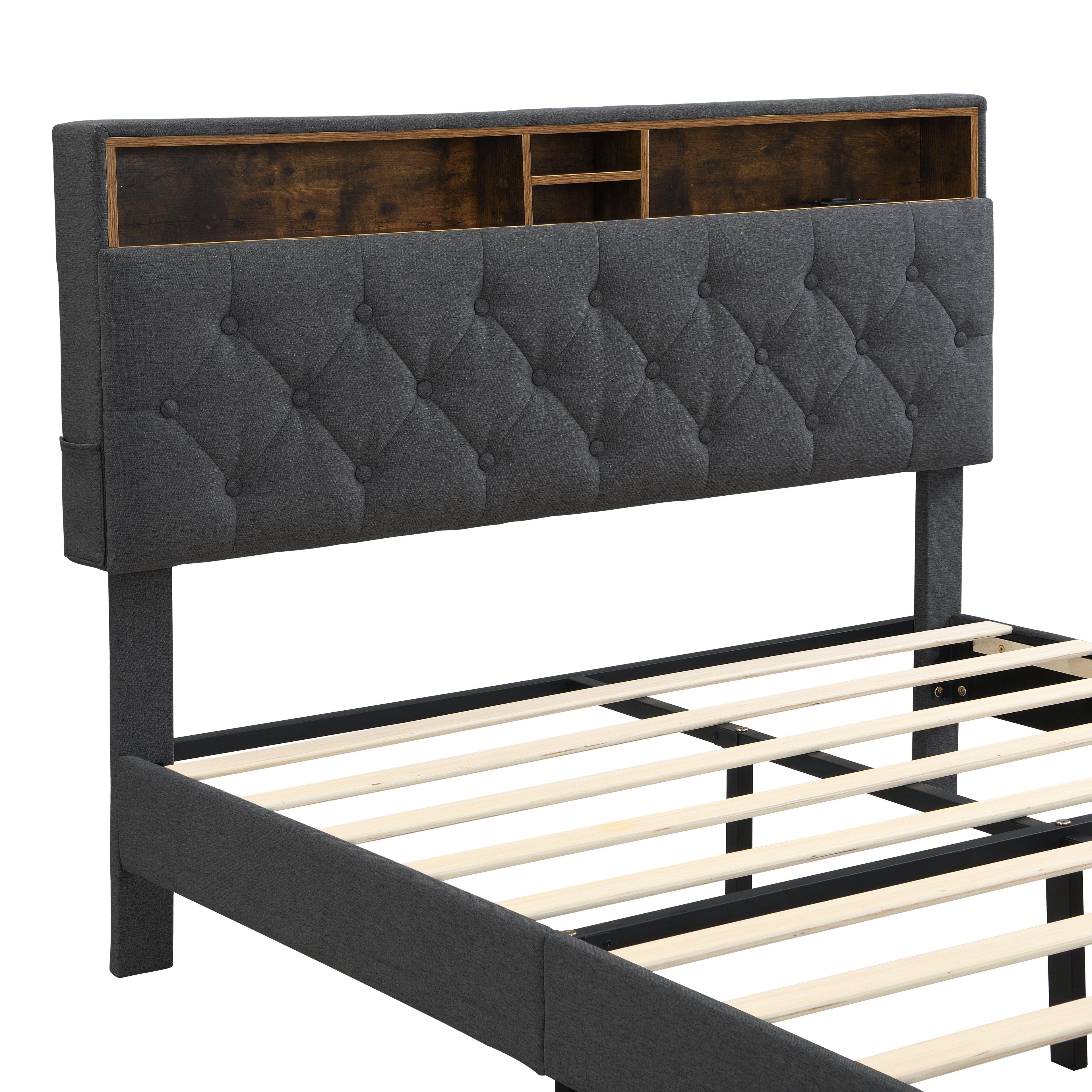 King-Size Upholstered Platform Bed Frame with Modern Button-Tufted