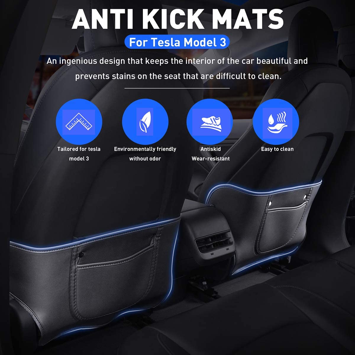 Seat Back Kick Protector for Model 3/Y | Storage Pockets | Easy Clean |