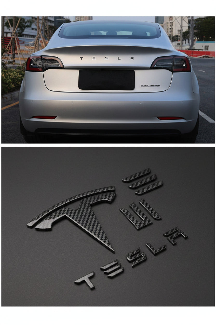 Logo Cover Front Badge Rear Letters Emblem for Tesla Model 3 / Y - Real Carbon Fiber Exterior