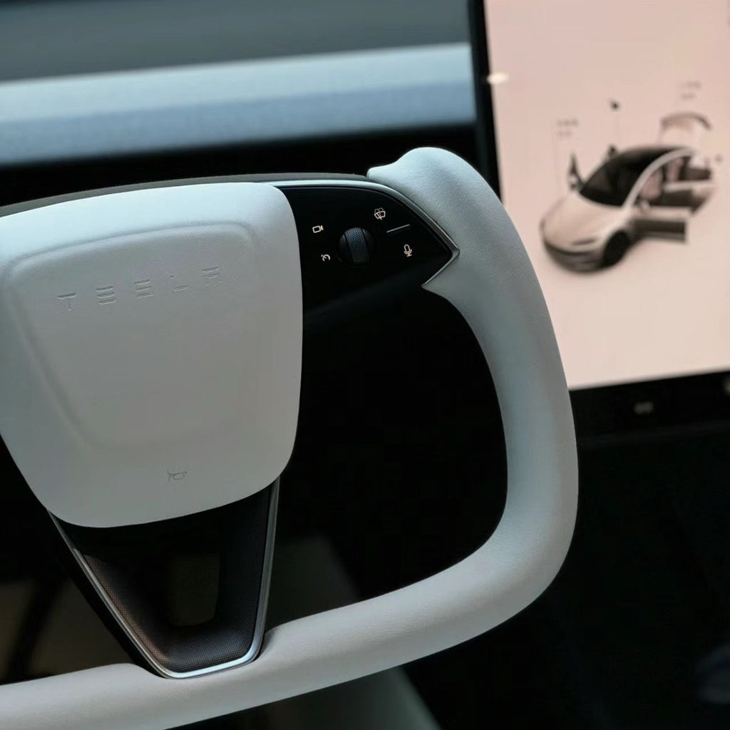 Model 3 Highland & Model Y Juniper Yoke Plaid Steering Wheel 【White Leather】