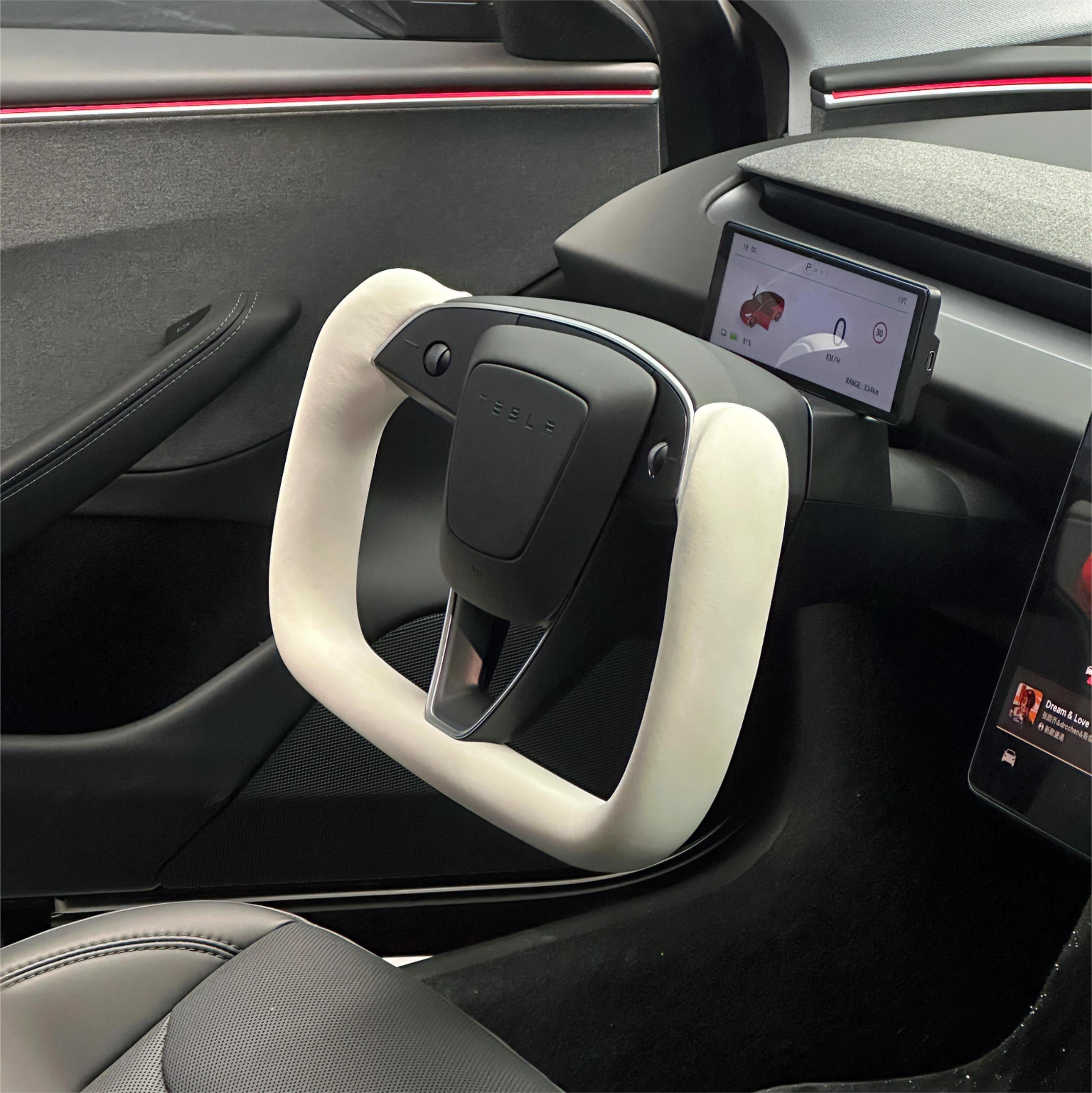 Model 3 Highland & Model Y Juniper Yoke Plaid Steering Wheel 【White Leather】