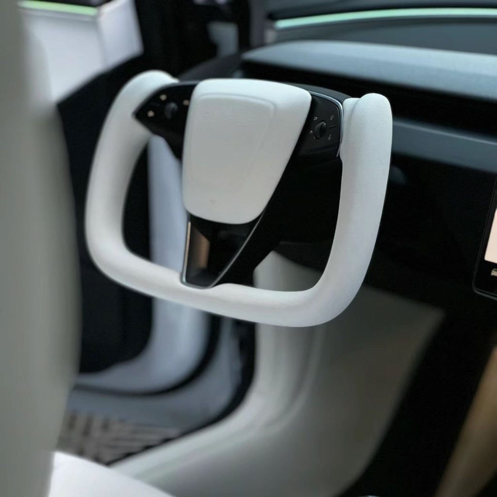 Model 3 Highland & Model Y Juniper Yoke Plaid Steering Wheel 【White Leather】