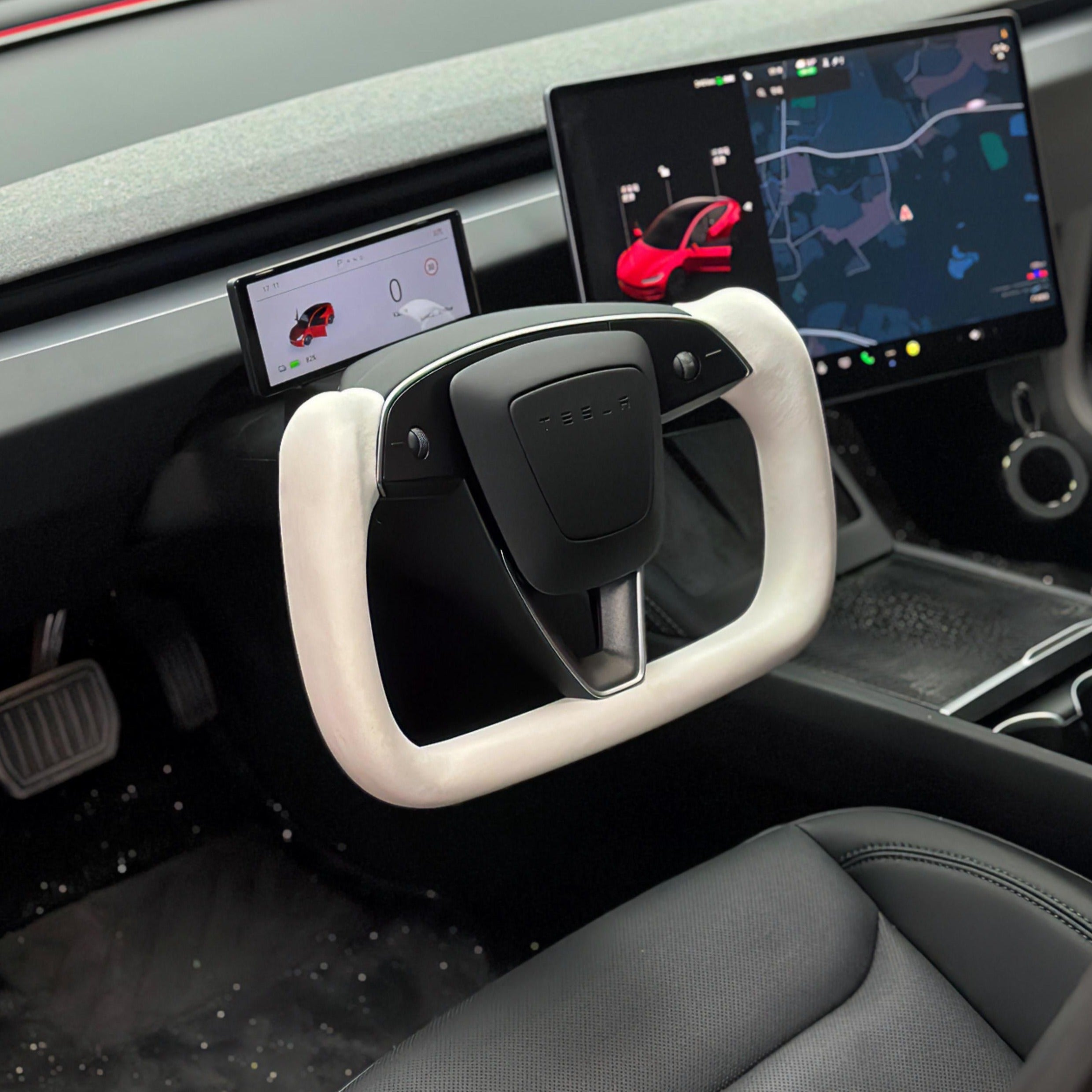 Model 3 Highland & Model Y Juniper Yoke Plaid Steering Wheel 【White Leather】