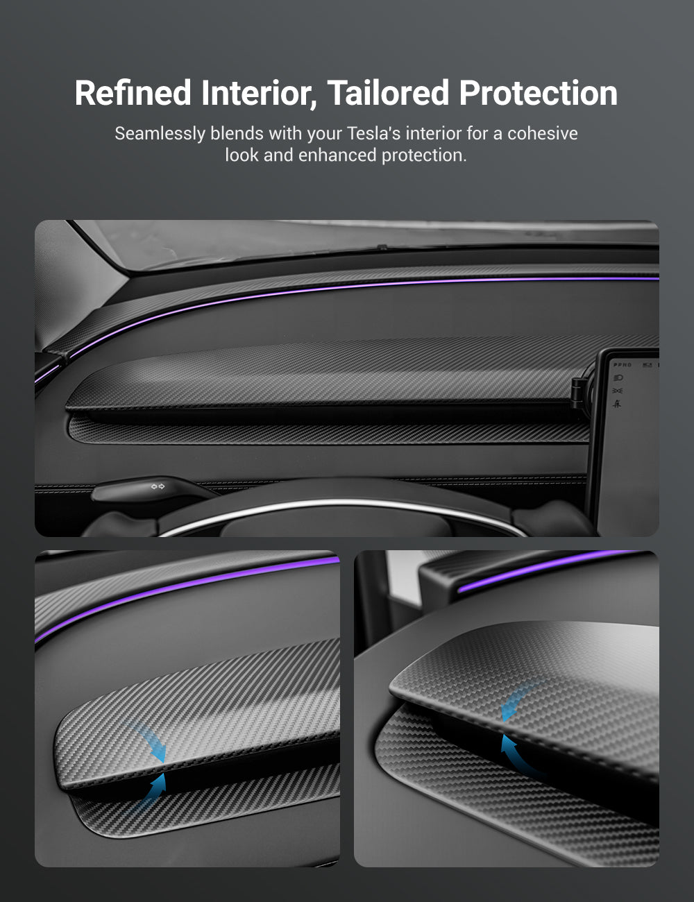 Real Dry Carbon Fiber Dashboard Cover Overlay for Model 3 Highland / Model Y Juniper