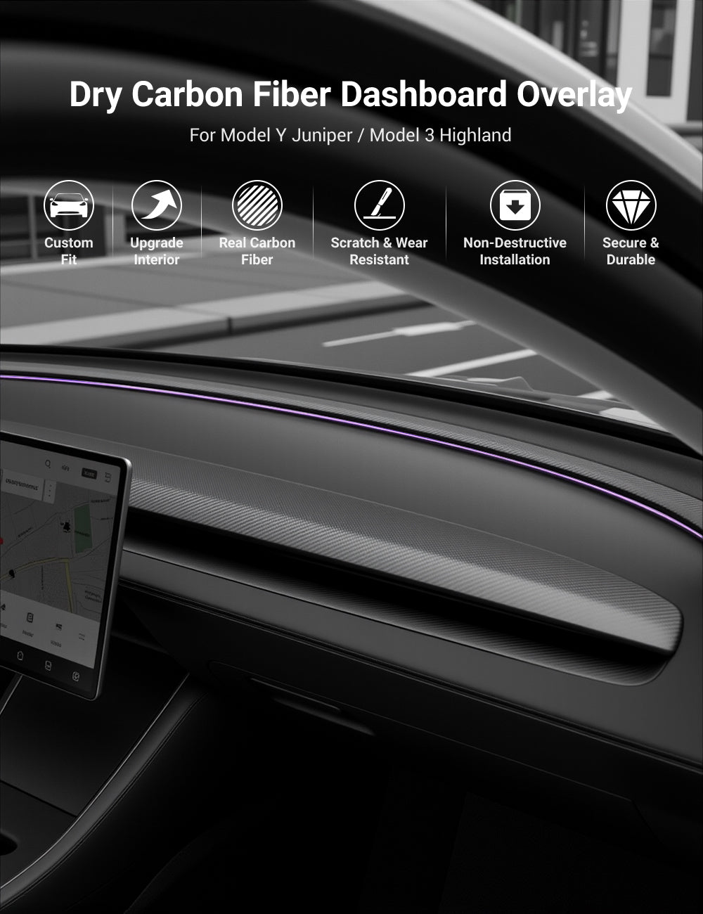 Real Dry Carbon Fiber Dashboard Cover Overlay for Model 3 Highland / Model Y Juniper