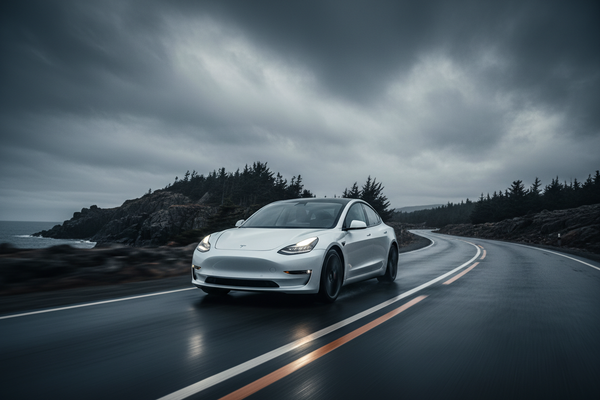 White Tesla exterior driving